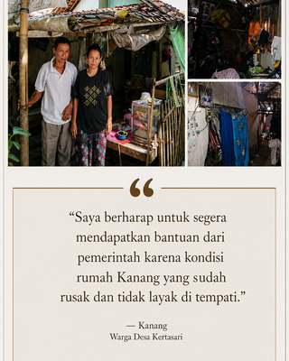 Caption : Kondisi rumah Kanang dan istrinya Rohanah, sangat memprihatinkan dan tidak layak huni, warga Dusun Tegalasem RT 015/RW 06 Desa Kertasari Kecamatan Rengasdengklok, Kabupaten Karawang.