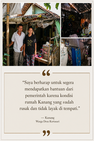 Caption : Kondisi rumah Kanang dan istrinya Rohanah, sangat memprihatinkan dan tidak layak huni, warga Dusun Tegalasem RT 015/RW 06 Desa Kertasari Kecamatan Rengasdengklok, Kabupaten Karawang.