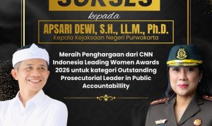 Caption : Bupati Purwakarta Saepul Bahri Bimzein bersama Kepala Kejaksaan Negeri Purwakarta, Apsari Dewi, dalam poster resmi ucapan selamat atas diperolehnya penghargaan Outstanding Prosecutorial Leader in Public Accountability pada ajang CNN Indonesia Leading Women Awards 2026.