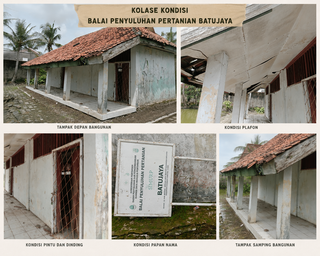 Caption : Kolase kondisi bangunan Kantor UPTD Pertanian Batujaya, Kabupaten Karawang, yang mengalami kerusakan berat di sejumlah bagian. Terlihat kondisi plafon rusak, pintu dan dinding mengalami keretakan, serta tampak samping bangunan yang memprihatinkan dan dinilai membutuhkan rehabilitasi total. Foto: Patriotjabar.com/Gugun.