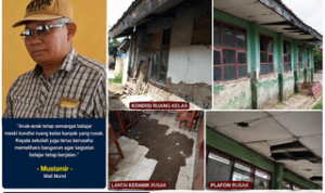 Caption : Kondisi bangunan dan ruang kelas SDN Kertasari 2, Kecamatan Rengasdengklok, Kabupaten Karawang, terlihat mengalami kerusakan cukup parah. Sejumlah plafon jebol, dinding bangunan mengelupas, hingga lantai keramik rusak, namun kegiatan belajar mengajar masih tetap berlangsung. Foto: Patriotjabar.com/Gugun. Caption : Kondisi bangunan dan ruang kelas SDN Kertasari 2, Kecamatan Rengasdengklok, Kabupaten Karawang, terlihat mengalami kerusakan cukup parah. Sejumlah plafon jebol, dinding bangunan mengelupas, hingga lantai keramik rusak, namun kegiatan belajar mengajar masih tetap berlangsung. Foto: Patriotjabar.com/Gugun.