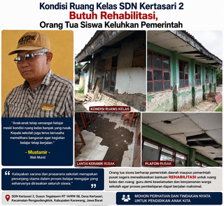 Caption : Kondisi bangunan dan ruang kelas SDN Kertasari 2, Kecamatan Rengasdengklok, Kabupaten Karawang, terlihat mengalami kerusakan cukup parah. Sejumlah plafon jebol, dinding bangunan mengelupas, hingga lantai keramik rusak, namun kegiatan belajar mengajar masih tetap berlangsung. Foto: Patriotjabar.com/Gugun. Caption : Kondisi bangunan dan ruang kelas SDN Kertasari 2, Kecamatan Rengasdengklok, Kabupaten Karawang, terlihat mengalami kerusakan cukup parah. Sejumlah plafon jebol, dinding bangunan mengelupas, hingga lantai keramik rusak, namun kegiatan belajar mengajar masih tetap berlangsung. Foto: Patriotjabar.com/Gugun.