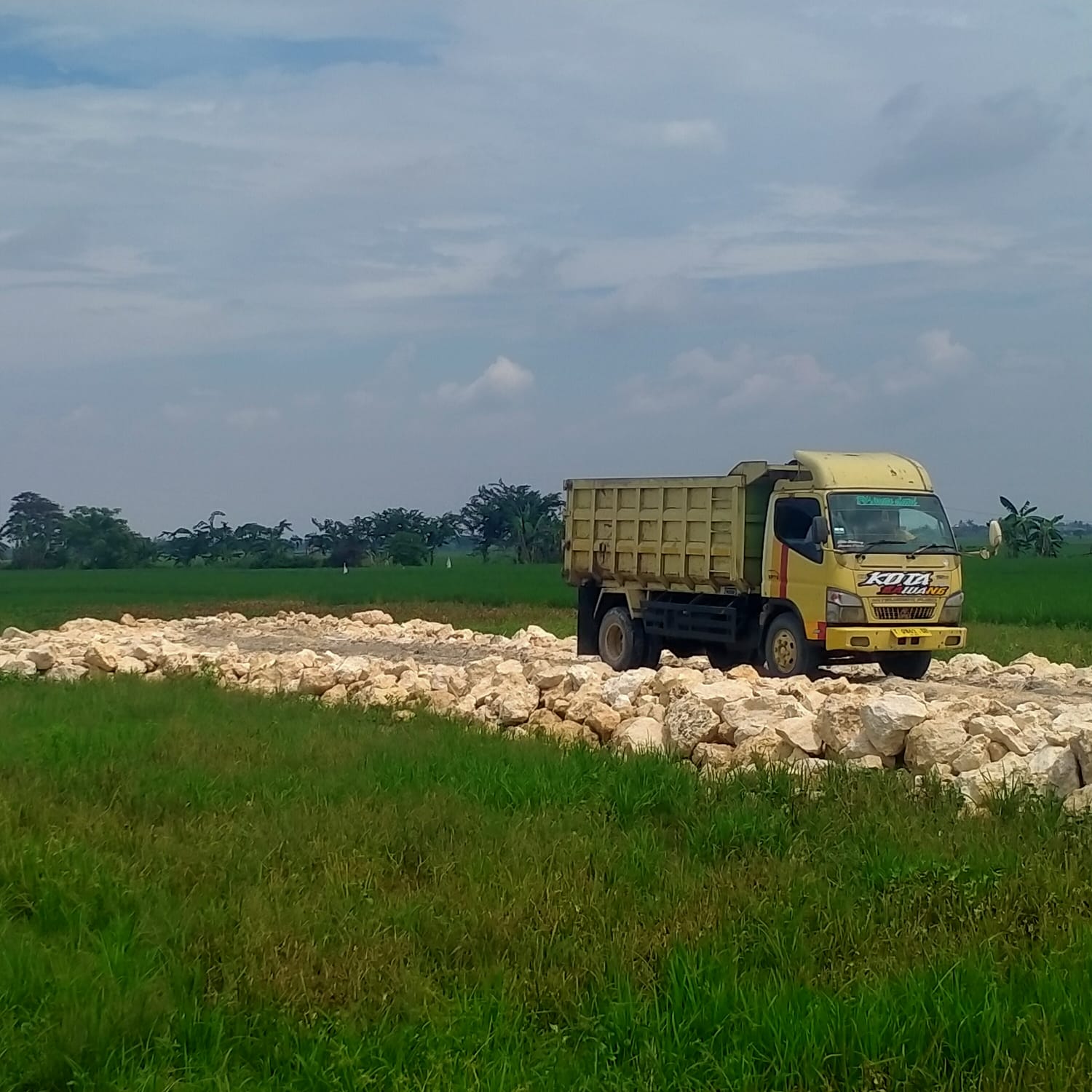Sebuah truk pengangkut material terlihat berada di lokasi pembangunan kandang ayam di Dusun Bayur 1 RT 003 RW 008, Desa Payungsari, Kecamatan Pedes, Kabupaten Karawang. Aktivitas pembangunan sementara dihentikan guna melengkapi proses perizinan sesuai ketentuan yang berlaku.