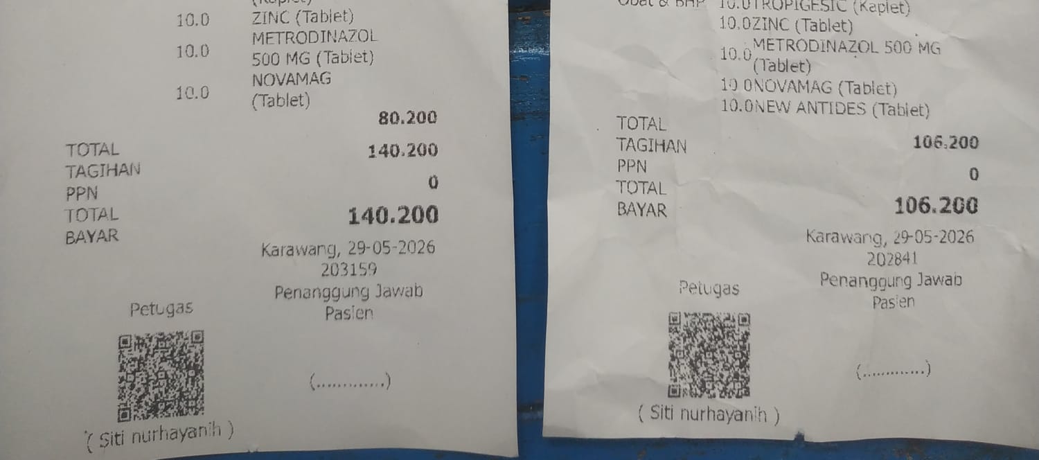 Caption : Dua nota pembayaran dengan nominal berbeda yang diterima pasien dari Klinik Karya Medika diduga merupakan akibat kesalahan administrasi. Pihak klinik mengaku sedang melakukan pengecekan dan evaluasi sistem pembayaran. (Foto: Istimewa)