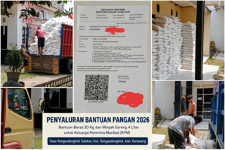 Caption : Petugas dan pekerja tengah melakukan proses bongkar muat bantuan beras program BPNT-PKH di halaman Kantor Desa Rengasdengklok Selatan, Kecamatan Rengasdengklok, Kabupaten Karawang. Sebanyak sekitar 2.800 Kepala Keluarga (KK) tercatat sebagai penerima bantuan pangan berupa beras dan minyak goreng yang disalurkan pemerintah untuk membantu meringankan beban ekonomi masyarakat.
