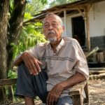 Caption: Pak Sarkom (86), seorang petani sederhana yang dikenal memiliki wawasan luas dan pemikiran mendalam, berpose di kediamannya. Meski menjalani kehidupan sederhana, semangatnya dalam belajar, berdiskusi, dan membagikan ilmu pengetahuan menjadikannya sosok inspiratif yang dijuluki sebagai "mutiara terpendam" bagi masyarakat.