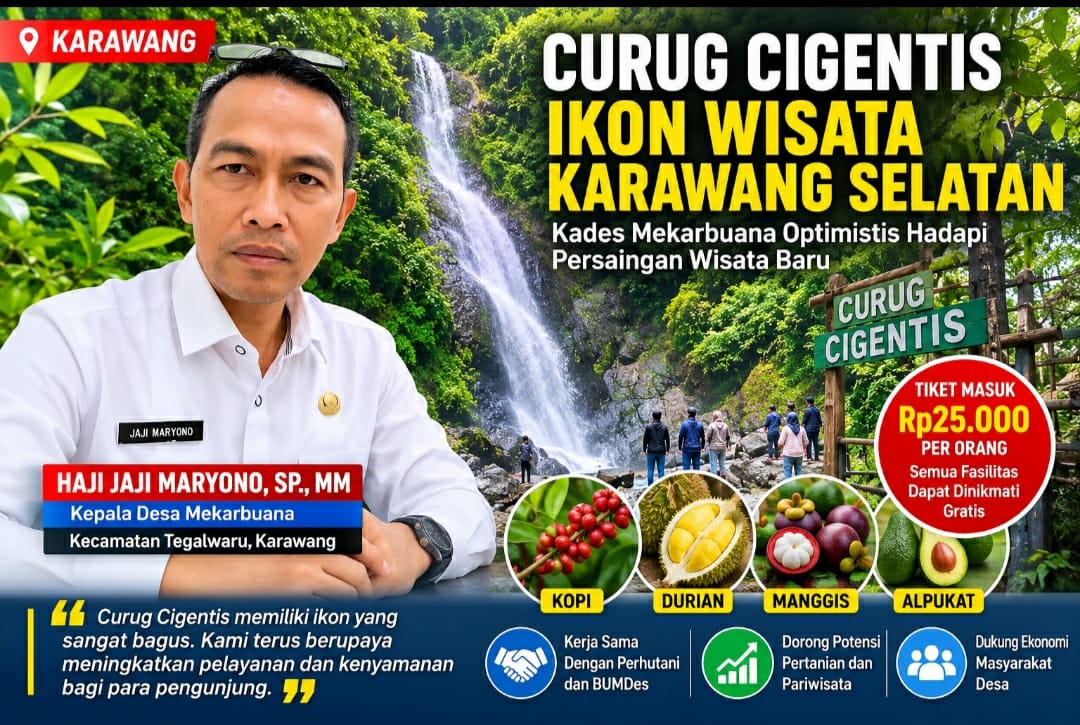 Caption : Kepala Desa Mekarbuana, H. Jaji Maryono, SP., MM, menyampaikan komitmennya untuk terus mengembangkan Curug Cigentis sebagai ikon wisata alam Karawang Selatan. Selain mengandalkan keindahan air terjun dan fasilitas yang lengkap, Pemerintah Desa Mekarbuana juga mendorong pengembangan komoditas unggulan seperti kopi, durian, manggis, dan alpukat guna meningkatkan perekonomian masyarakat. Harga tiket masuk Curug Cigentis sebesar Rp25.000 per orang, dengan seluruh fasilitas wisata dapat dinikmati tanpa biaya tambahan. Foto: Istimewa/Patriotjabar.com