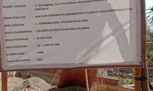 Caption : Papan informasi proyek revitalisasi SMAN 1 Rawamerta yang memuat kegiatan pembangunan empat Ruang Kelas Baru (RKB) bersumber dari APBN Tahun Anggaran 2026 dengan nilai pekerjaan sebesar Rp1.499.747.000 dan masa pelaksanaan 120 hari kalender. Caption : Papan informasi proyek revitalisasi SMAN 1 Rawamerta yang memuat kegiatan pembangunan empat Ruang Kelas Baru (RKB) bersumber dari APBN Tahun Anggaran 2026 dengan nilai pekerjaan sebesar Rp1.499.747.000 dan masa pelaksanaan 120 hari kalender.