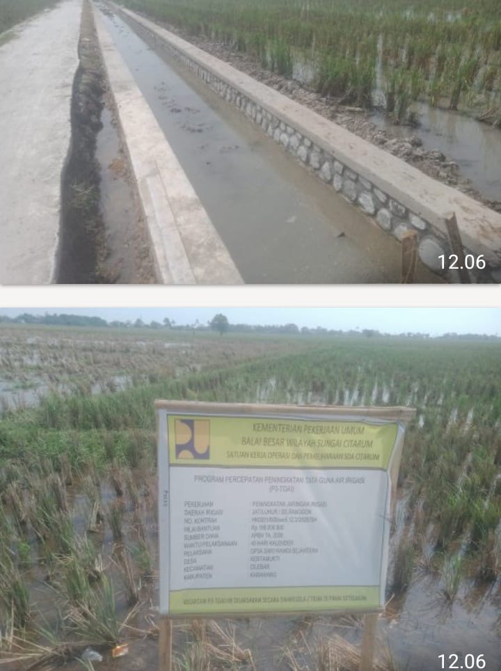 Caption : Kondisi saluran irigasi Program Percepatan Peningkatan Tata Guna Air Irigasi (P3-TGAI) di Desa Kertamukti, Kecamatan Cilebar, Kabupaten Karawang, yang telah selesai dibangun dan siap mendukung kelancaran pasokan air bagi lahan pertanian warga.