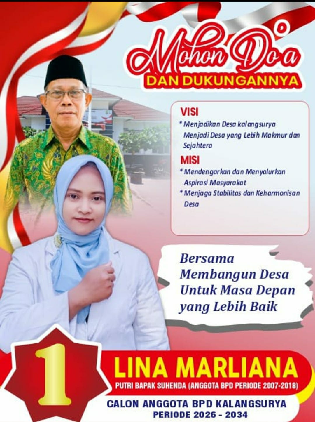 Caption : Lina Marliana, Calon Anggota Badan Permusyawaratan Desa (BPD) Desa Kalangsurya periode 2026–2034 nomor urut 1, saat memperkenalkan visi dan misi pencalonannya melalui media sosialisasi. Ia mengusung visi mewujudkan Desa Kalangsurya yang lebih makmur dan sejahtera dengan komitmen mendengarkan aspirasi masyarakat serta menjaga stabilitas dan keharmonisan desa.