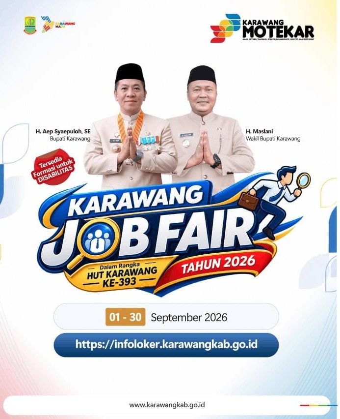 Caption : Karawang Job Fair Tahun 2026 dalam rangka HUT Kabupaten Karawang ke-393, yang menyediakan kesempatan kerja bagi masyarakat Karawang, termasuk formasi untuk penyandang disabilitas. Kegiatan berlangsung 1–30 September 2026 dan informasi serta pendaftaran dapat diakses melalui infoloker.karawangkab.go.id.