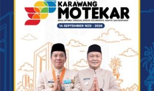 Caption : Bupati Karawang H. Aep Syaepuloh, S.E. bersama Wakil Bupati Karawang H. Maslani dalam poster resmi peringatan Hari Jadi Kabupaten Karawang ke-393 dengan mengusung tema “Karawang MOTEKAR” — Maju, Optimis, Tangguh, Efektif, Kolaboratif, Adaptif, dan Responsif. Keduanya mengenakan pakaian dinas dan tampil dengan pose salam sebagai simbol kebersamaan dalam membangun Kabupaten Karawang.