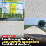 Caption: Sejumlah bagian permukaan Jalan Jatimulya–Kosambibatu, Kecamatan Pedes, Karawang, terlihat mengalami retakan meski pekerjaan masih dalam masa pelaksanaan. Papan proyek mencantumkan CV Buana Indah sebagai kontraktor pelaksana dengan nilai kontrak Rp189,187 juta. Caption: Sejumlah bagian permukaan Jalan Jatimulya–Kosambibatu, Kecamatan Pedes, Karawang, terlihat mengalami retakan meski pekerjaan masih dalam masa pelaksanaan. Papan proyek mencantumkan CV Buana Indah sebagai kontraktor pelaksana dengan nilai kontrak Rp189,187 juta.