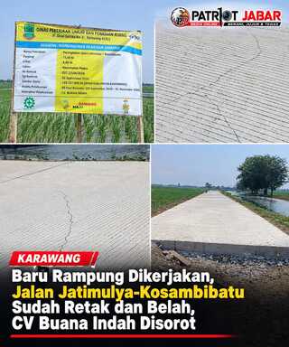 Caption: Sejumlah bagian permukaan Jalan Jatimulya–Kosambibatu, Kecamatan Pedes, Karawang, terlihat mengalami retakan meski pekerjaan masih dalam masa pelaksanaan. Papan proyek mencantumkan CV Buana Indah sebagai kontraktor pelaksana dengan nilai kontrak Rp189,187 juta. Caption: Sejumlah bagian permukaan Jalan Jatimulya–Kosambibatu, Kecamatan Pedes, Karawang, terlihat mengalami retakan meski pekerjaan masih dalam masa pelaksanaan. Papan proyek mencantumkan CV Buana Indah sebagai kontraktor pelaksana dengan nilai kontrak Rp189,187 juta.