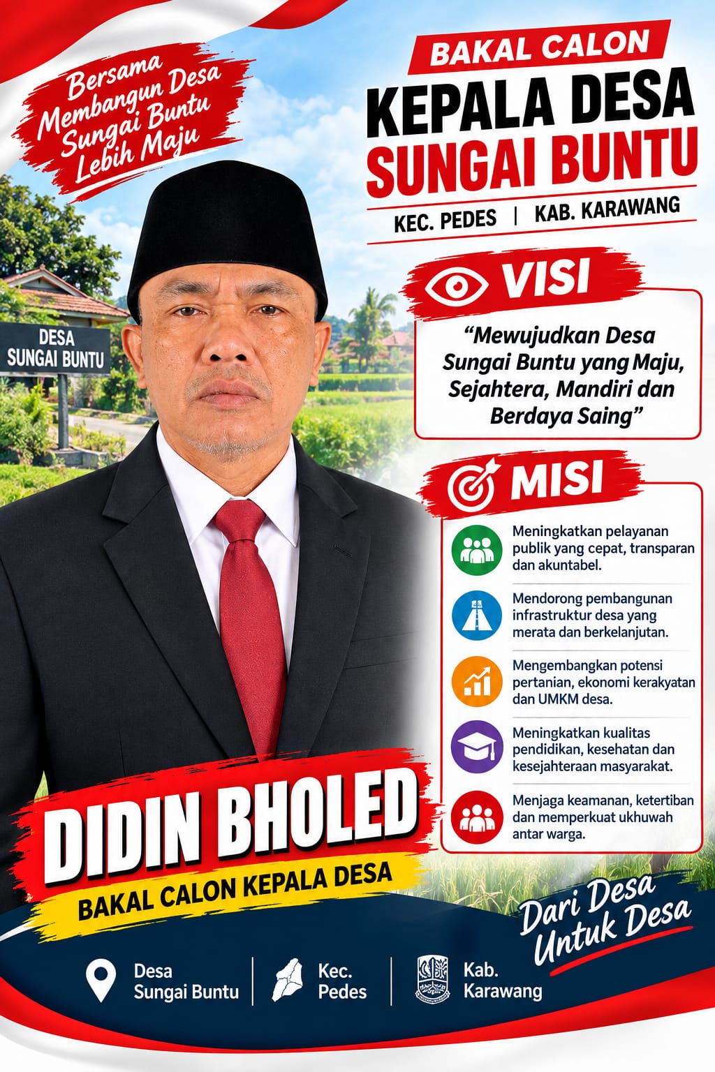 Caption: Bakal calon Kepala Desa Sungai Buntu, Kecamatan Pedes, Kabupaten Karawang, Didin Bholed, menyatakan siap mengabdi kepada masyarakat setelah mendaftarkan diri dalam kontestasi Pilkades mendatang.