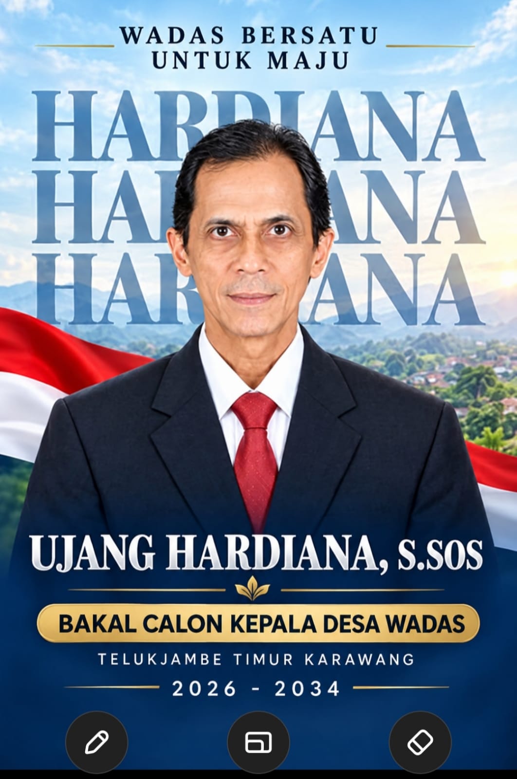 Caption: Ujang Hardiana, S.Sos., bakal calon Kepala Desa Wadas, Kecamatan Telukjambe Timur, Kabupaten Karawang, mengusung tagline “Wadas Bersatu untuk Maju” dalam pencalonan Pilkades Wadas periode 2026–2034.