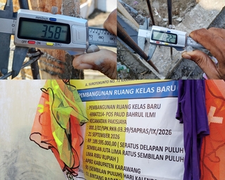 Contoh: Proses pembangunan Ruang Kelas Baru (RKB) Pos PAUD Bahrul Ilmi di Desa Tanjung Pakis, Kecamatan Pakisjaya, Kabupaten Karawang, dengan anggaran Rp189.585.000 dari APBD Kabupaten Karawang Tahun Anggaran 2026. Proyek tersebut menjadi sorotan terkait dugaan ketidaksesuaian spesifikasi material yang masih memerlukan pemeriksaan teknis lebih lanjut. (Foto: Gunawan/Patriotjabar.com)