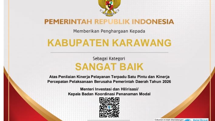 Caption: Pemerintah Republik Indonesia memberikan penghargaan kategori Sangat Baik kepada Kabupaten Karawang atas penilaian kinerja Pelayanan Terpadu Satu Pintu (PTSP) dan kinerja percepatan pelaksanaan berusaha pemerintah daerah tahun 2026. Penghargaan tersebut diberikan oleh Menteri Investasi dan Hilirisasi/Kepala BKPM RI, Rosan Perkasa Roeslani. Caption: Pemerintah Republik Indonesia memberikan penghargaan kategori Sangat Baik kepada Kabupaten Karawang atas penilaian kinerja Pelayanan Terpadu Satu Pintu (PTSP) dan kinerja percepatan pelaksanaan berusaha pemerintah daerah tahun 2026. Penghargaan tersebut diberikan oleh Menteri Investasi dan Hilirisasi/Kepala BKPM RI, Rosan Perkasa Roeslani.
