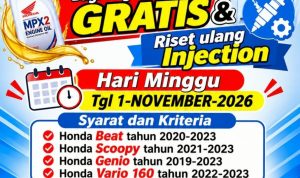 Caption: Program Paduka dan Honda menghadirkan layanan pembagian oli mesin gratis dan riset ulang sistem injeksi sepeda motor Honda di Desa Kalangsurya, Kecamatan Rengasdengklok, Kabupaten Karawang, Minggu (1/11/2026). Kegiatan ini menyasar pengguna Honda Beat, Scoopy, Genio, dan Vario 160 sesuai tahun produksi yang ditentukan, dengan kuota pelayanan sebanyak 30 sepeda motor per hari. Masyarakat dapat mendaftar langsung di lokasi, termasuk pemilik kendaraan tanpa STNK dan warga ber-KTP luar domisili. Caption: Program Paduka dan Honda menghadirkan layanan pembagian oli mesin gratis dan riset ulang sistem injeksi sepeda motor Honda di Desa Kalangsurya, Kecamatan Rengasdengklok, Kabupaten Karawang, Minggu (1/11/2026). Kegiatan ini menyasar pengguna Honda Beat, Scoopy, Genio, dan Vario 160 sesuai tahun produksi yang ditentukan, dengan kuota pelayanan sebanyak 30 sepeda motor per hari. Masyarakat dapat mendaftar langsung di lokasi, termasuk pemilik kendaraan tanpa STNK dan warga ber-KTP luar domisili.