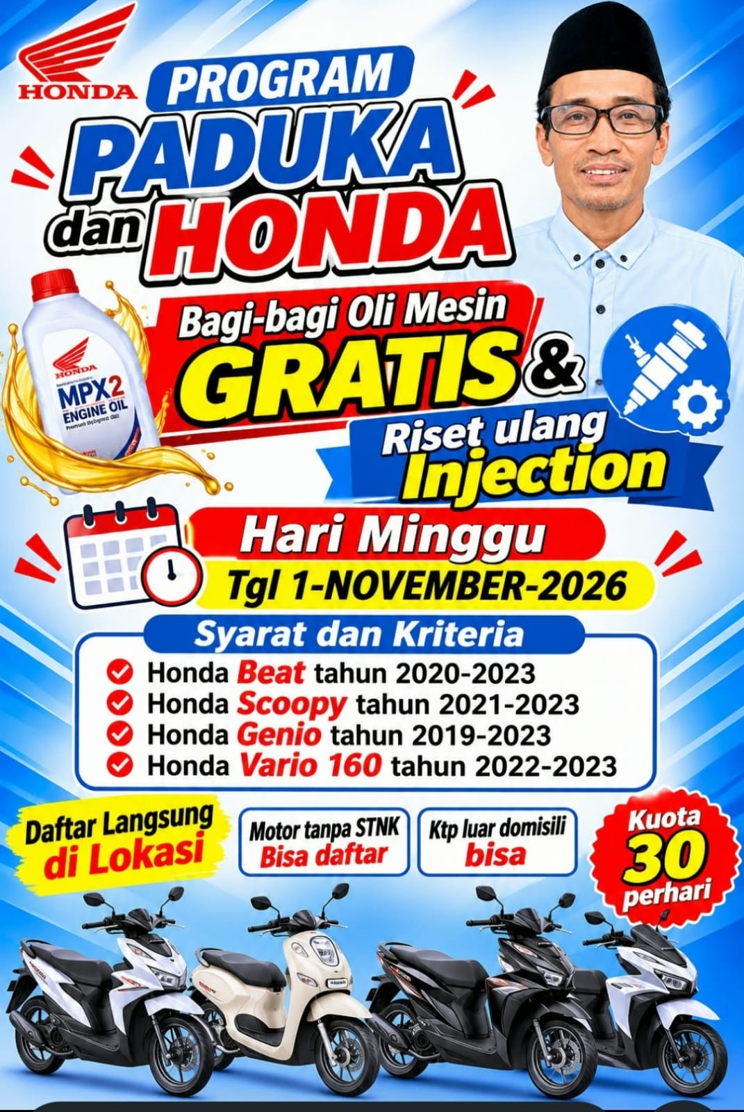 Caption: Program Paduka dan Honda menghadirkan layanan pembagian oli mesin gratis dan riset ulang sistem injeksi sepeda motor Honda di Desa Kalangsurya, Kecamatan Rengasdengklok, Kabupaten Karawang, Minggu (1/11/2026). Kegiatan ini menyasar pengguna Honda Beat, Scoopy, Genio, dan Vario 160 sesuai tahun produksi yang ditentukan, dengan kuota pelayanan sebanyak 30 sepeda motor per hari. Masyarakat dapat mendaftar langsung di lokasi, termasuk pemilik kendaraan tanpa STNK dan warga ber-KTP luar domisili.